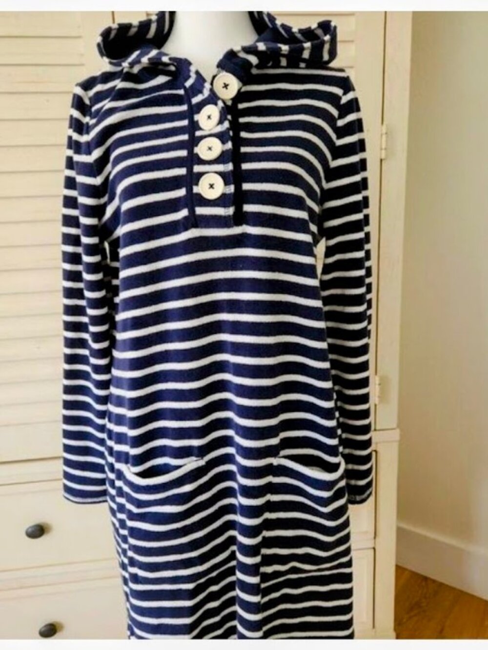 Boden Terry Cloth Hoodie Swim Coverup Dress – Blue & White Stripe, Pink Accents